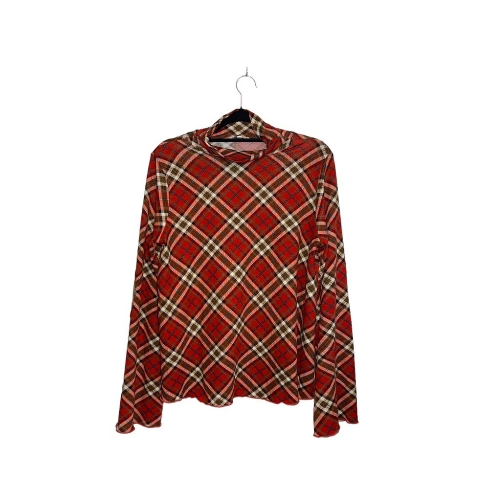 Umgee Plaid Turtleneck Top Rust Elbow Patch Bell Sleeve Preppy Medium Women’s